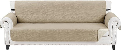 CUCRAF Non Slip Quilted Sofa Cover, Water Resistant Slipcover Furniture Protector for 4 Cushion Sofa Pet Friendly, Washable Couch Cover with Adjustable Elastic Straps (XX-Large, Khaki)