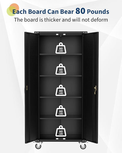 72" Garage Storage Cabinet,High Locking Metal Storage Cabinet with 2 Doors and 4 Adjustable Shelves, Black