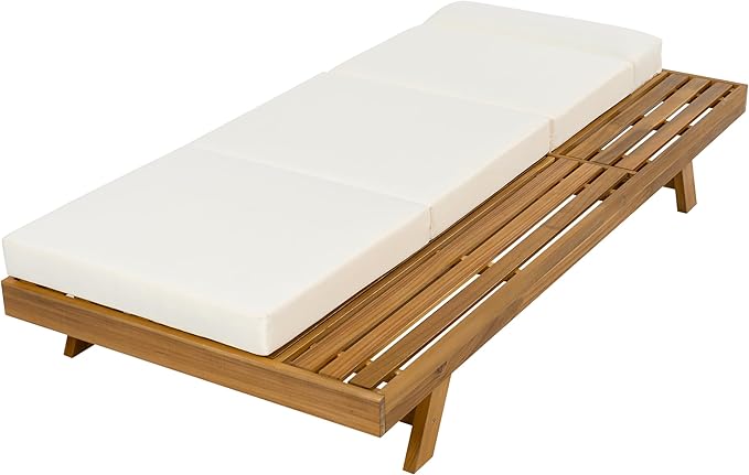 Christopher Knight Home Kayes Acacia Wood Chaise Lounge with 4'' Four-Folds Cushion, Outdoor 79'' Patio Recliner Chair with 4-Position Adjustable Backrest, Sun Lounger for Backyard, Teak+Beige