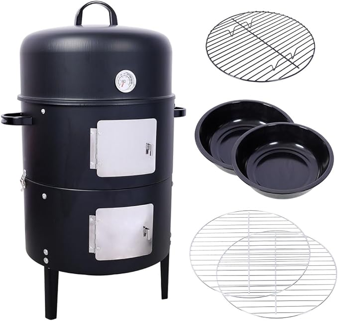 Portable Charcoal Grill, 17" Round Charcoal Barbecue Grill with 2 Cooking Area, and Thermometer Heavy Duty Outdoor Vertical Steel Charcoal Smoking Grill for Outdoor Camping Picnic Backyard