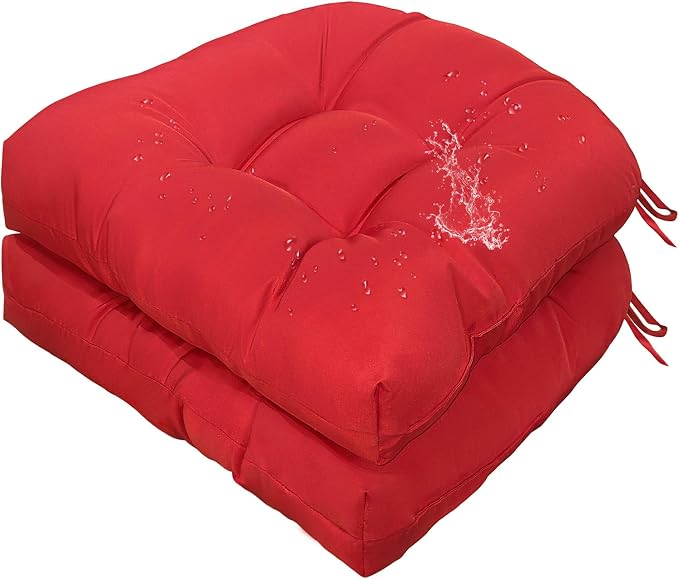 Gnostik Waterproof Outdoor Chair Cushions Set of 2, Red Patio Chair Cushions with Ties,18.6" x 18.6" Tufted Outdoor Seat Cushions, Patio Furniture Replacement Cushions