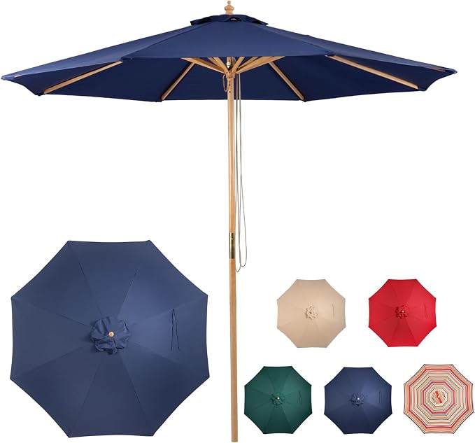 9ft Wooden Umbrella, Outdoor Patio Umbrella, Wood Market Umbrella, Patio Umbrella Wood Pole with Pulley Lift for Garden, Yard, Deck, Pool, Market