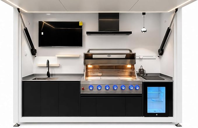 Sunnyjoy Modular Outdoor Kitchen Flip, Premium Aluminum Cabinet System-3 | MAX flip cover vesion with grill, sink & storage, durable weather-resistant design, includes flip-top set for protection
