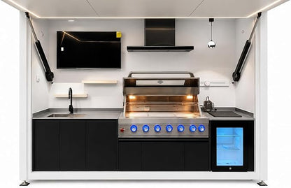 Sunnyjoy Modular Outdoor Kitchen Flip, Premium Aluminum Cabinet System-3 | MAX flip cover vesion with grill, sink & storage, durable weather-resistant design, includes flip-top set for protection