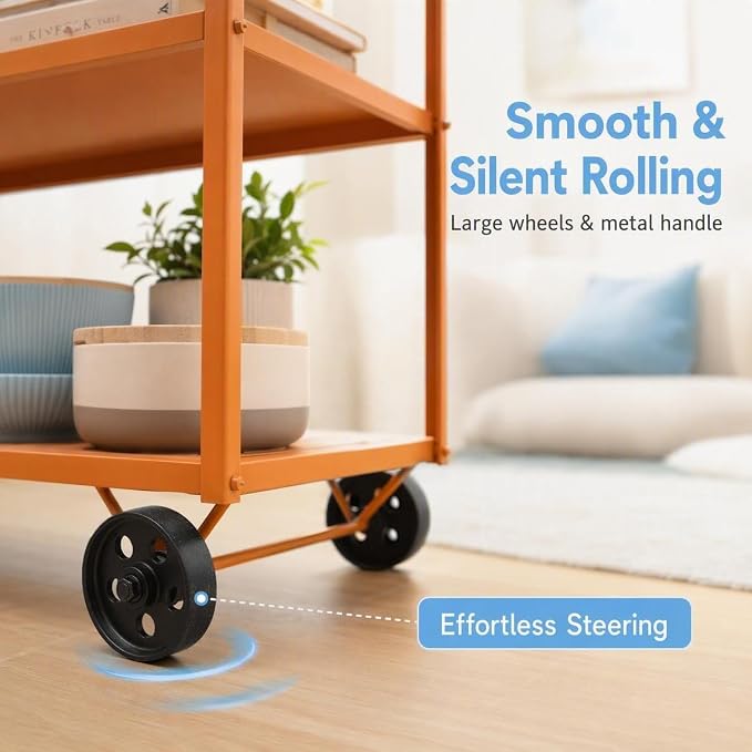 Orange 3-Tier Metal Rolling Beverage Bar Cart | Waterproof Rustproof Serving Cart with Handle | 39.37 x 15.74 x 41 in | Indoor Use Outdoor Party Utility Storage Cart