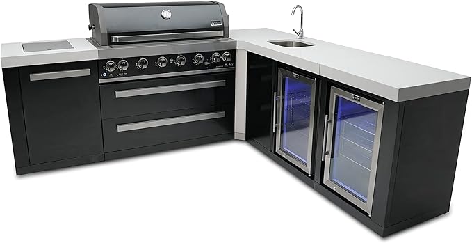 Mont Alpi Premium 94"W x 88"D Black Stainless Steel Modular L-shaped Outdoor Kitchen Island with 2 Refrigerators + Beverage Center Faucet & Sink + 44"W 6-Burner BBQ Grill + Storage Cabinets & Drawers