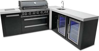 Mont Alpi Premium 94"W x 88"D Black Stainless Steel Modular L-shaped Outdoor Kitchen Island with 2 Refrigerators + Beverage Center Faucet & Sink + 44"W 6-Burner BBQ Grill + Storage Cabinets & Drawers