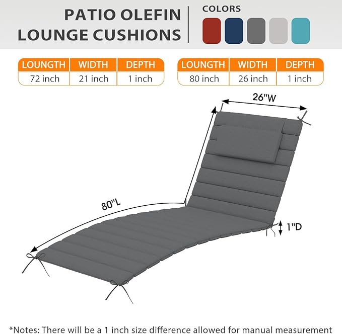 Sundale Outdoor Olefin Quilted Lounge Cushion Set of 4, Patio Foldable Chaise Lounger Cushion, Water-Resistant Lounge Chair Pad with Straps Medium Gray, 80 x 26 inches