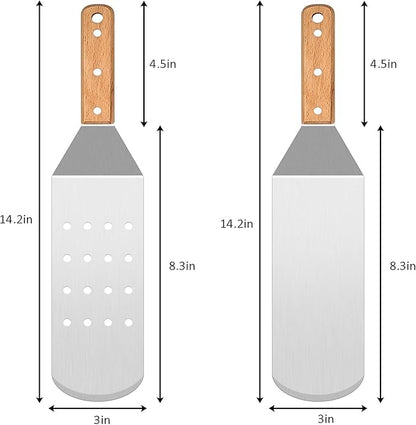 Metal Spatula Set, HaSteeL Stainless Steel Griddle Spatula Tools Kit with Wooden Handle, Heavy Duty Long Pancake Flipper Burger Turner for BBQ Teppanyaki Flat Top Grilling Cooking Outdoor & Indoor