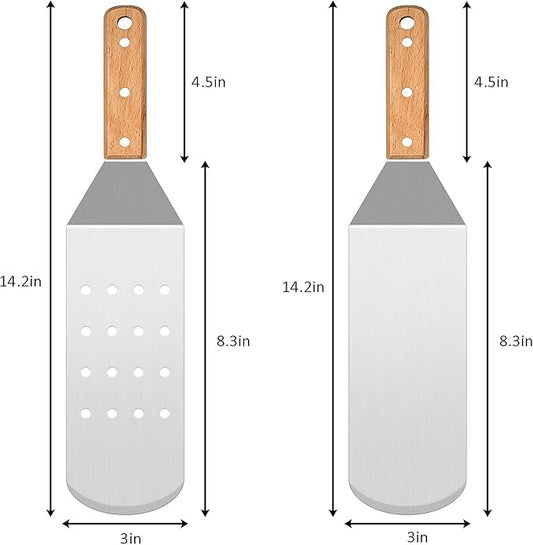 Metal Spatula Set, HaSteeL Stainless Steel Griddle Spatula Tools Kit with Wooden Handle, Heavy Duty Long Pancake Flipper Burger Turner for BBQ Teppanyaki Flat Top Grilling Cooking Outdoor & Indoor