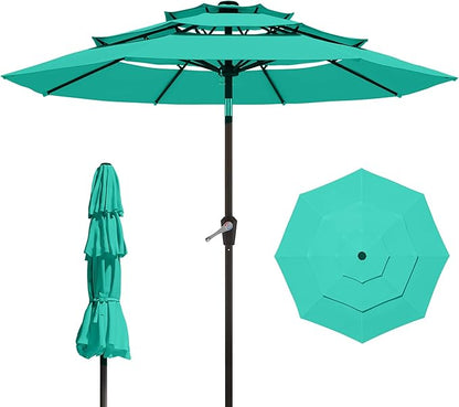 9FT 3 Tiers Patio Umbrella With Auto Tilt And Crank, Outdoor Table Market Umbrella with 8 Sturdy Ribs for Garden, Lawn, Deck, Backyard and Pool