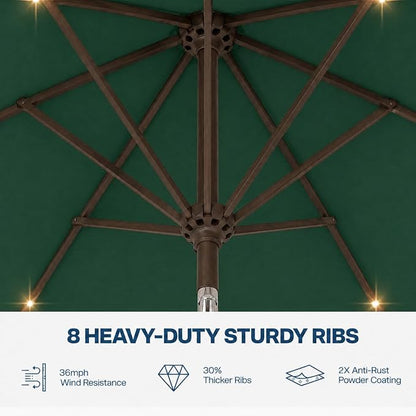 11FT Solar Patio Umbrella with Lights, Outdoor Table Market Umbrella with 32 LED Lights, 8 Sturdy Ribs, Smooth Crank Lift for Pool, Deck and Garden, UV-Resistant