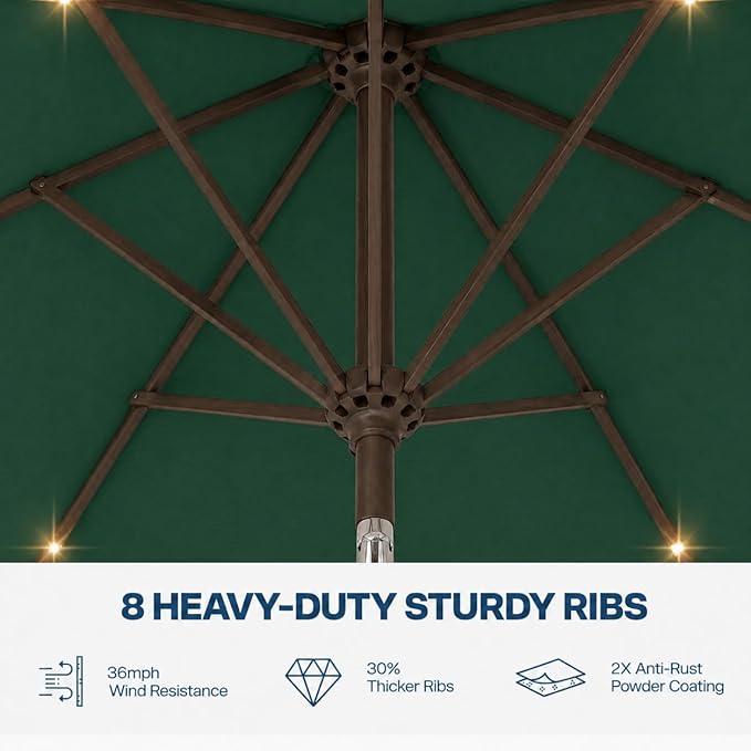 10FT Solar Patio Umbrella with Lights, Outdoor Table Market Umbrella with 32 LED Lights, 8 Sturdy Ribs, Push Button Tilt and Crank for Pool, Deck and Garden, UV-Resistant
