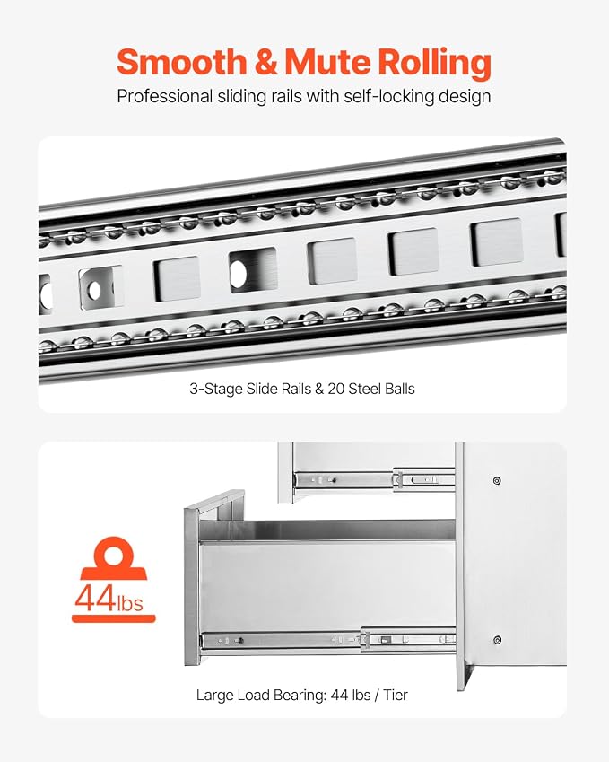 VEVOR Outdoor Kitchen Drawers 16" W x 28.5" H x 20.5" D, Flush Mount Triple Access BBQ Drawers with Stainless Steel Handle, BBQ Island Drawers for Outdoor Kitchens or BBQ Island Patio Grill Station