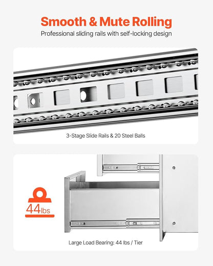 VEVOR Outdoor Kitchen Drawers 16" W x 28.5" H x 20.5" D, Flush Mount Triple Access BBQ Drawers with Stainless Steel Handle, BBQ Island Drawers for Outdoor Kitchens or BBQ Island Patio Grill Station