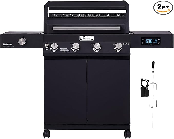 Monument Grills Denali Series, 4-Burner Liquid Propane Gas Smart bbq Grill Denali 425 with Stainless Steel Rotisserie Kit(2 Items)