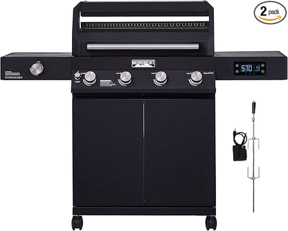 Monument Grills Denali Series, 4-Burner Liquid Propane Gas Smart bbq Grill Denali 425 with Stainless Steel Rotisserie Kit(2 Items)