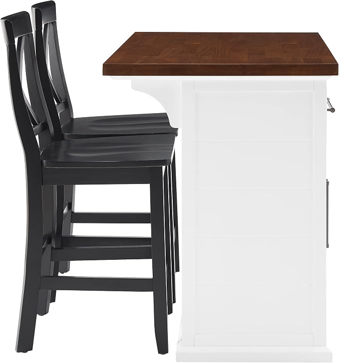 Crosley Furniture Bartlett Kitchen Island with Wood Top and X-Back Stools, White/Black