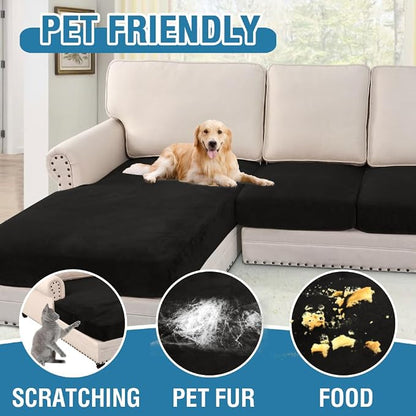 H.VERSAILTEX Velvet Stretch Sectional Couch Covers 3 Pieces Sofa Seat Cushion Covers L Shape Separate Cushion Couch Chaise Cover for Both Left/Right Couch (Large Sofa 2 Seater + 1 Chaise, Black)