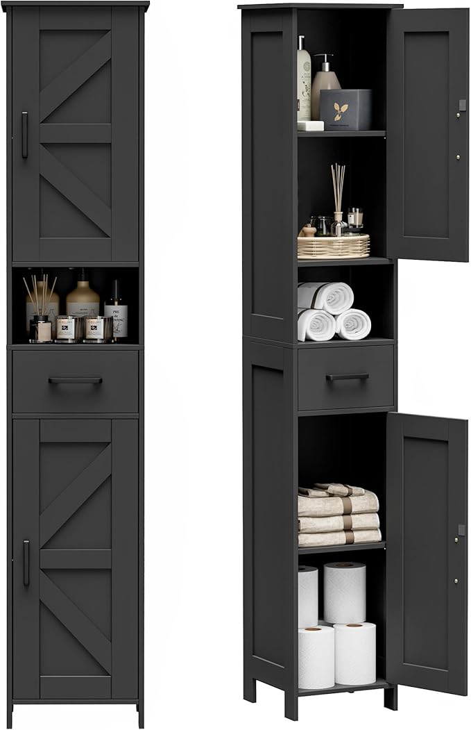 Homhedy 67" H Tall Bathroom Storage Cabinet with Barn Doors and Drawer | Narrow Storage Unit with Adjustable Shelves, Floor Cabinet for Bathroom, Living Room, Entryway or Kitchen, Black, 11.8" W