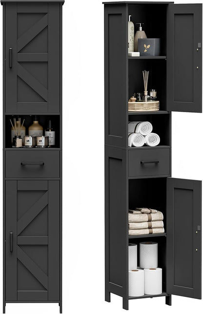 Homhedy 67" H Tall Bathroom Storage Cabinet with Barn Doors and Drawer | Narrow Storage Unit with Adjustable Shelves, Floor Cabinet for Bathroom, Living Room, Entryway or Kitchen, Black, 11.8" W