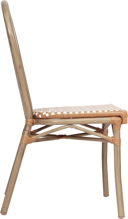 Flash Furniture Lourdes Indoor/Outdoor Commercial Thonet Bistro Stack Chair - Natural/White PE Rattan Back and Seat - Light Natural Bamboo Print Metal Frame