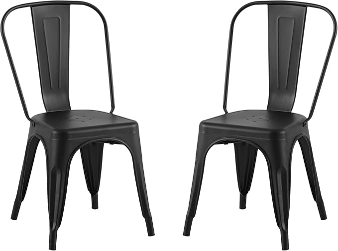 AC Pacific Stackable Metal Dining Chairs Set of 2 for Indoor and Outdoor Use, Durable Stacking Seat, Farmhouse Kitchen, Bar, Patio, Bistro, Cafe, Industrial Style, 2pcs, Matte Black