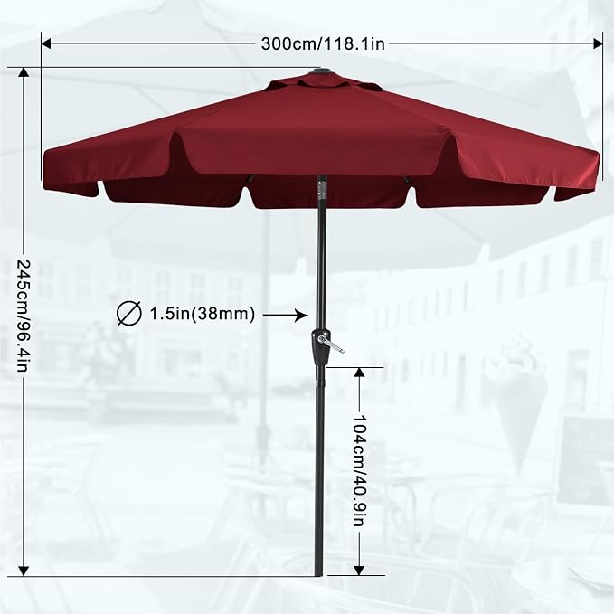 MASTERCANOPY 10ft Patio Umbrella with Valance, Crank & Tilt, Burgundy | 8 ribs, UV/fade-resist, waterproof, vent, for garden/deck/yard/pool
