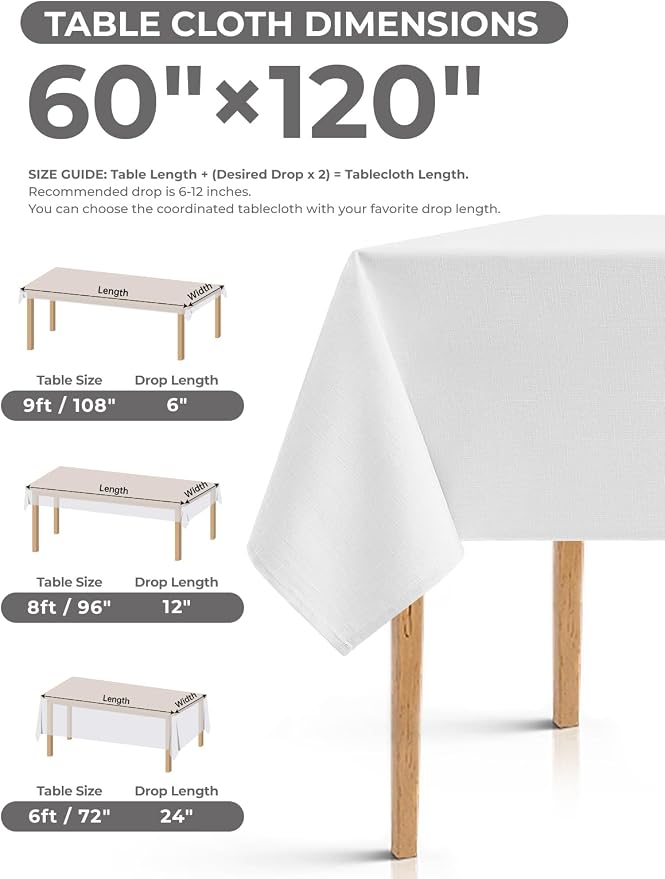 Decorelia White Table Cloths for 8 Ft Rectangle Tables-6 Pack, Faux Linen Washable Polyester Rustic Fabric Faux Linen Table Cloth Cover for Wedding,Outdoor,Events, Party,Banquet, Dining, 60x120 Inch
