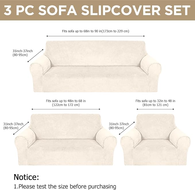 Peryiter 3 Pcs Couch and Loveseat Sofa Covers,Beige,Velvet | Armchair Covers for Living Room, Sofa Cushion Slipcover, Furniture Protector, Polyester and Spandex, Washable