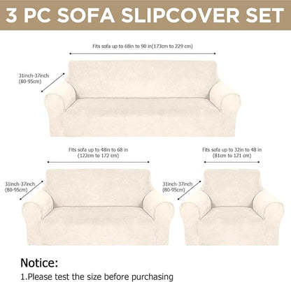 Peryiter 3 Pcs Couch and Loveseat Sofa Covers,Beige,Velvet | Armchair Covers for Living Room, Sofa Cushion Slipcover, Furniture Protector, Polyester and Spandex, Washable