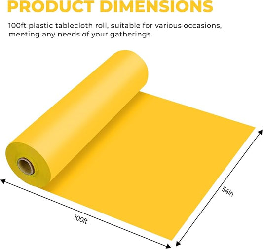 54 Inch X 100 Feet Plastic Table Cover Roll Premium Disposable Plastic Tablecloth for All Type/Shape Tables | Picnic, Party, Banquet, Birthdays, Weddings (Yellow, 54 Inch X 100 Feet)