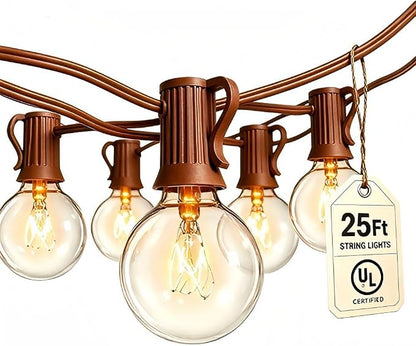Abeja 25Ft Outdoor Patio String Lights with 27 Clear G40 Bulbs, UL Listed for Porch Bars Deck Wedding Party Markets Decor, 5W, E12 Socket Base, Brown
