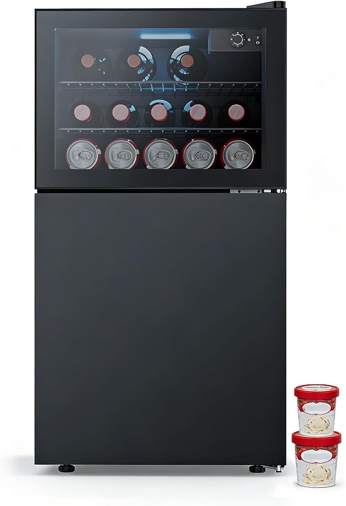COWSAR 2.6 Cu.Ft Beverage Refrigerator & Mini Fridge with Freezer - Glass Door, Reversible Design, Adjustable Thermostat for Dorm, Office, Bedroom