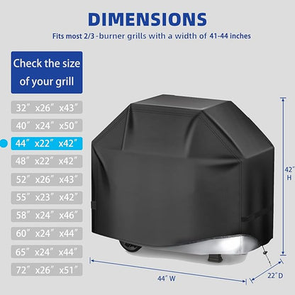 BBQ Gas Grill Cover for Outdoor, Anti-UV, Rip-Proof, 600D Oxford Fade Resistant Material, Barbecue Cover with Hook and Loop Straps & Adjustable Hem Drawstring (Black, 44”x22”x42”)