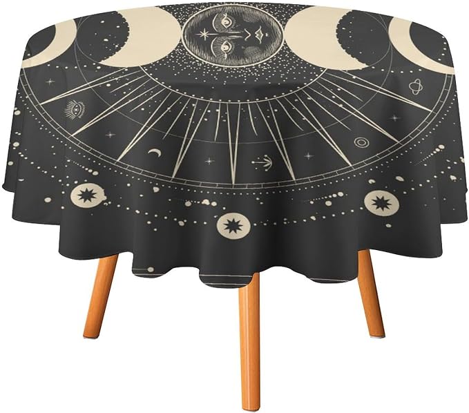 Vintage Moon Sun Round Tablecloth Moon Phase Star Galaxy Zodiac Signs Moonlight Table Cloth Water Resistant Wipeable Table Cover for Farmhouse Picnic Party Holiday Kitchen Dinner Table 36"