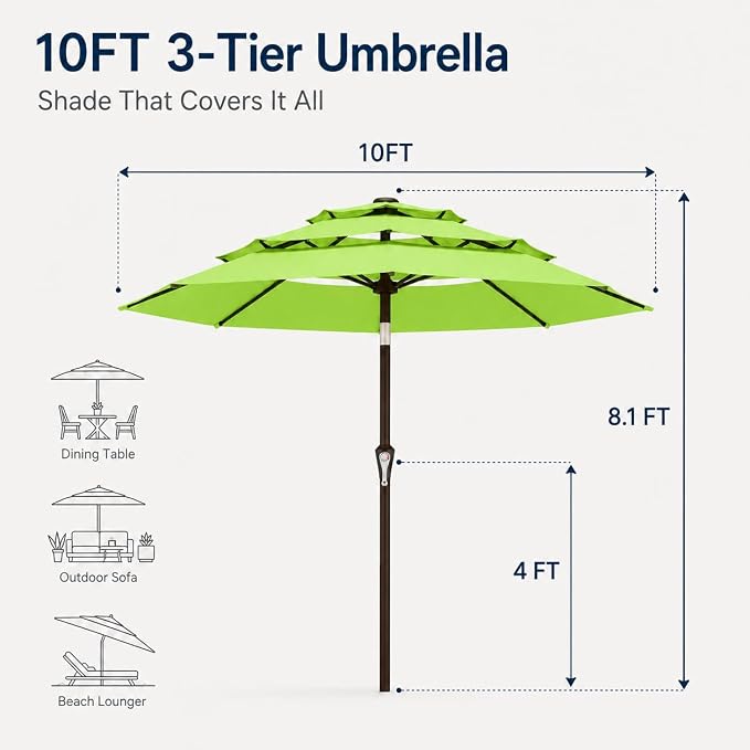 10ft Patio Umbrella, 3-Tier Vented Outdoor Table Umbrella with 8 Sturdy Fiberglass Ribs, Windproof Market Umbrella with Push Button Tilt and Crank, UV Protection for Deck, Pool, Apple Green