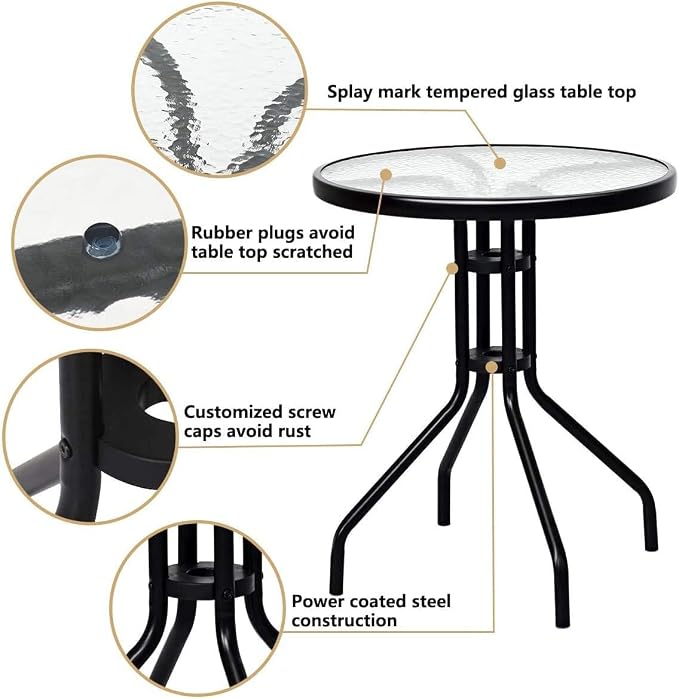 LDAILY LUARANE 3 Piece Patio Bistro Set, Outdoor Table and Chairs Set, 2 Folding Chairs & Coffee Table w/Textured Glass Tabletop, Small Patio Furniture Set for Balcony, Front Porch, Backyard & Garden