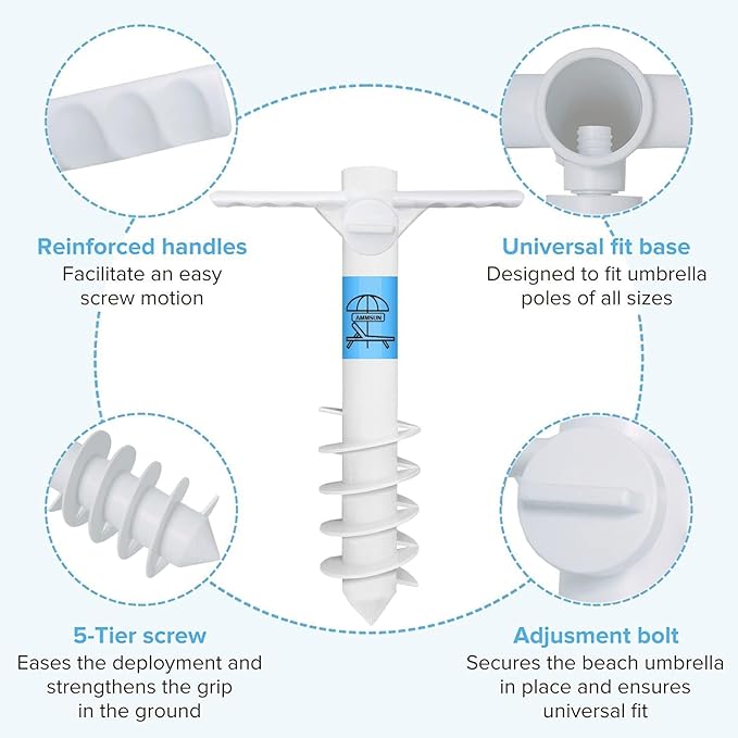 AMMSUN Beach Umbrella Sand Anchor Heavy Duty Outdoor Umbrellas Base with 5 Spiral Screw Universal One Size Fits Most Beach Umbrella Safe Umbrella Holder Stand Ideal for Strong Winds White (2, White)