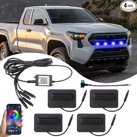 4-in-1 Front Grill Lights Compatible with Toyota Tacoma SR SR5 2024 2025 | APP Control, 8 Lighting Modes, with Fuse Adaptor, RGB LED Grille Light Bar, Tacoma Accessories