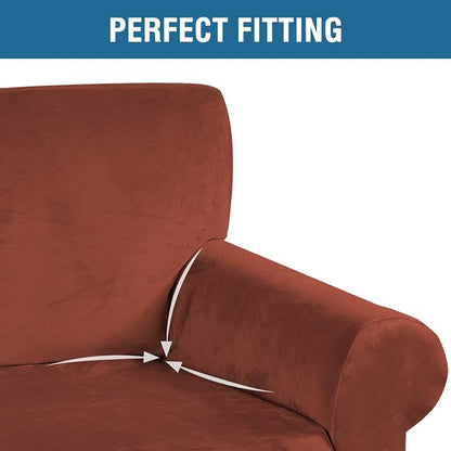 H.VERSAILTEX Stretch Velvet Loveseat Covers for 2 Cushion Couch Covers for Living Room Sofa Covers Slipcovers with Non Slip Straps Bottom, Ultra Thick Comfy Velour (Width 58"-72", Rust)