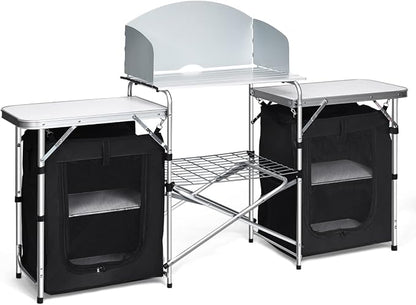 Giantex Camping Kitchen Station, Folding Grill Table with 26'' Tabletop, 2 Side Tables, Storage Organizer, Detachable Windscreen, Portable Camp Cook Outdoor Prep Station Backyard BBQ Picnic (Black)