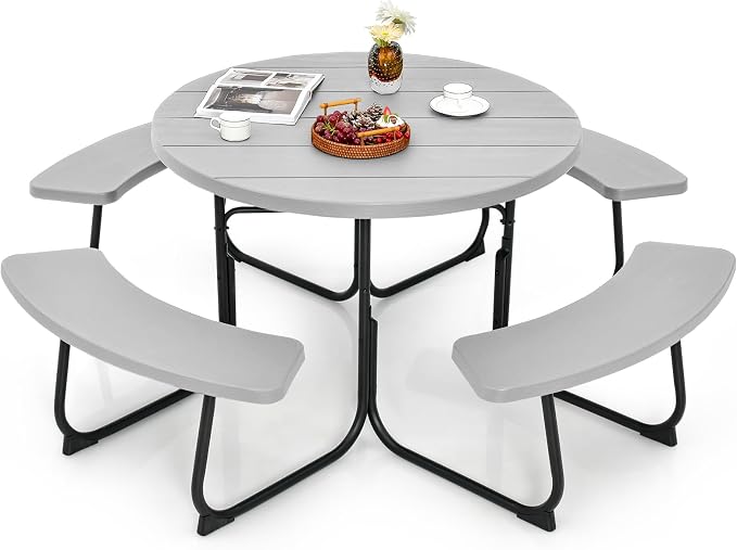 Tangkula 8 Person Picnic Table, Outdoor Round Picnic Table with 4 Built-in Benches, Umbrella Hole, Metal Frame & HDPE Tabletop, Outside Table and Bench Set for Backyard, 2300lbs Weight Capacity
