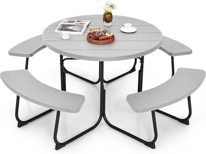 Tangkula 8 Person Picnic Table, Outdoor Round Picnic Table with 4 Built-in Benches, Umbrella Hole, Metal Frame & HDPE Tabletop, Outside Table and Bench Set for Backyard, 2300lbs Weight Capacity