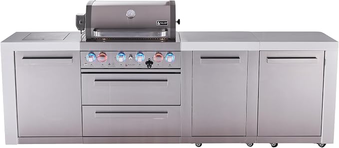 Mont Alpi Premium 107"W x 23"D Deluxe Stainless Steel Modular Outdoor Kitchen Island with Infrared Side Burner + 32"W 4-Burner BBQ Gas Grill + White Granite Countertops + Storage Cabinets + Cover