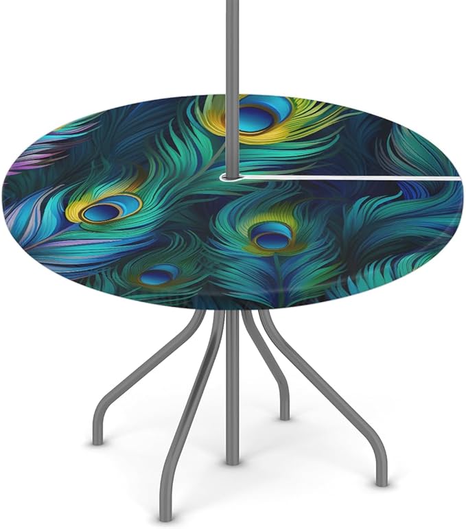 Fitted Round Tablecloth with Umbrella Hole and Zipper Peacock Outdoor Elastic Table Cloth 36"-44" Oil-Proof Waterproof Peacock Feather Patio Table Cover for Picnic Party