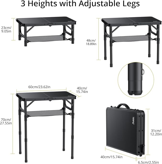 Anbte Folding Camping Table, 24"X 16" Adjustable Height Small Folding Table | with Storage Net, Aluminum Compact Folding Table, Lightweight, Portable Table for Outdoor Travel Cooking Picnic, Pure Black