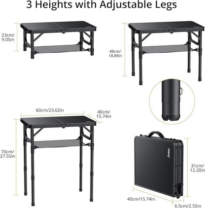 Anbte Folding Camping Table, 24"X 16" Adjustable Height Small Folding Table | with Storage Net, Aluminum Compact Folding Table, Lightweight, Portable Table for Outdoor Travel Cooking Picnic, Pure Black