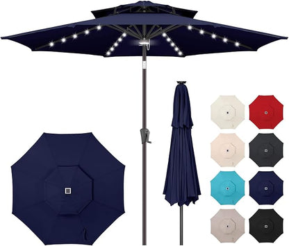 Solar Patio Umbrella Outdoor with Centre Light, 9 ft Navy Blue | 2 Tiers, 40 LED Lights, UV Protection, Solar Outdoor Umbrella for Porch, Deck, Pool, Garden, Provides Evening Lighting
