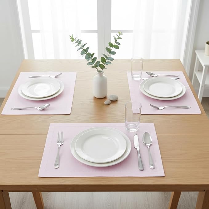Urban Villa Placemats for Dining Table 100% Cotton Placemats 14''x20'' Over Sized Tablemats Set of 6 Placemats Hemstitch Pink Tablemats for Family Dinners Wedding Parties Placemats